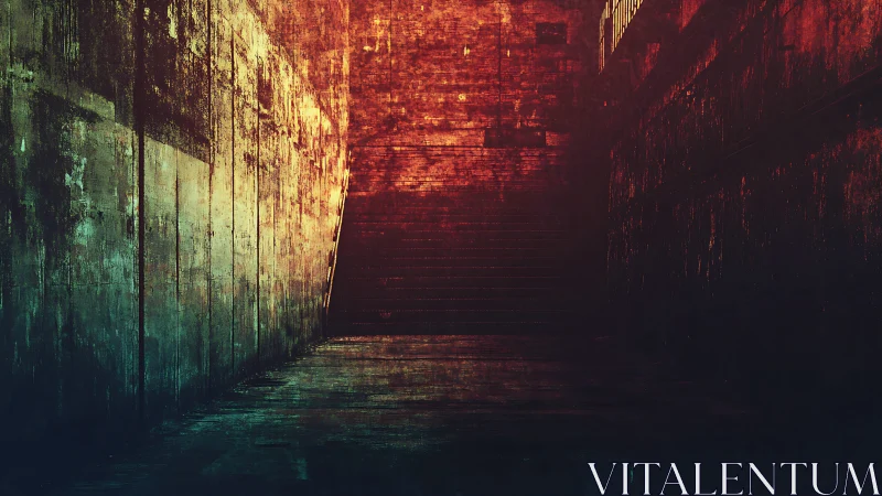 Chromatic decay in an industrial stairwell vanishing point.