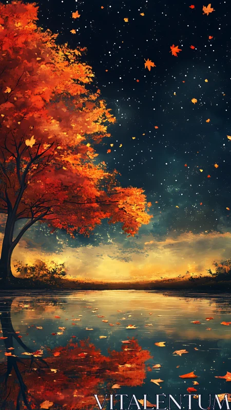 Autumn tree reflects in calm lake under dense starry sky