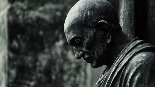 Gentle bronze monk in quiet, contemplative reflection.