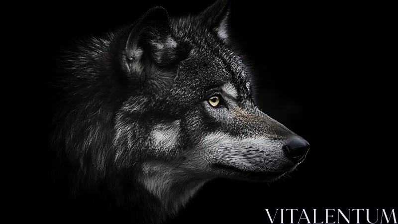 Wolf portrait with intense golden eye on black background.