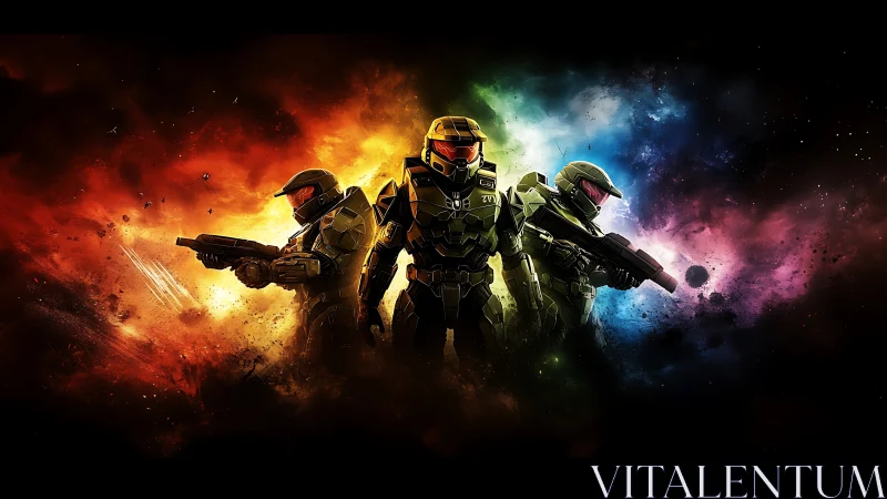 Triad of armored space warriors cleave through cosmic firestorm.