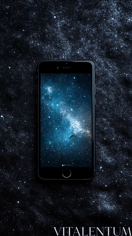 Smartphone floats in cosmic galaxy backdrop of deep space