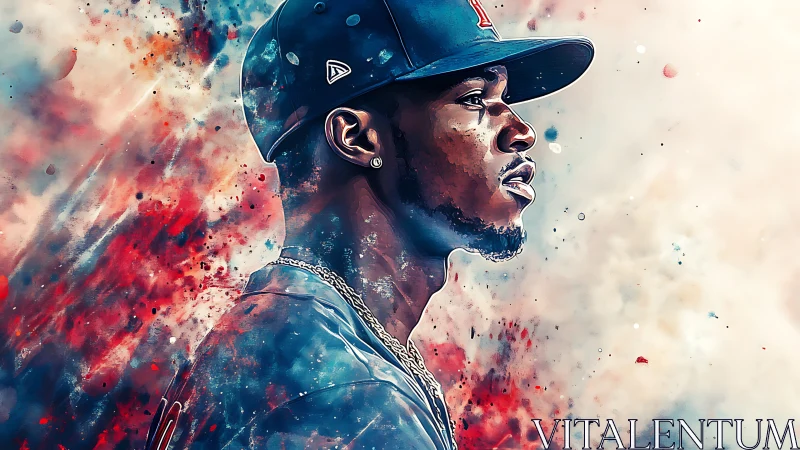 Side profile of baseball player in abstract color field.