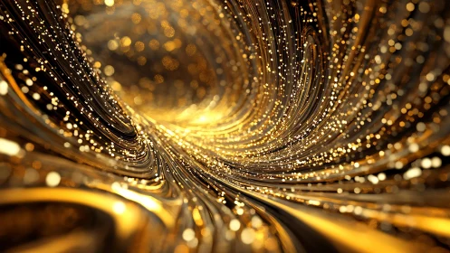 Dynamic swirl of golden light trails in abstract digital art.