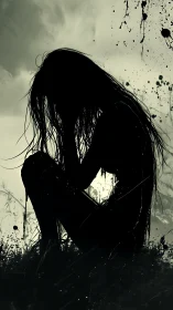 Silhouetted figure crouched in darkness with splattered ink.