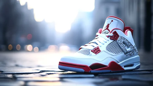 Urban streetlight glow on white and red sneaker profile shot.