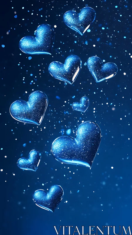 Floating translucent blue hearts on dark abstract background.