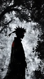 Shadowed anime wanderer beneath a moody forest sky.