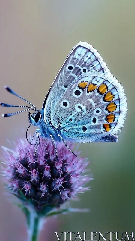 Macro photograph shows blue butterfly resting on thistle