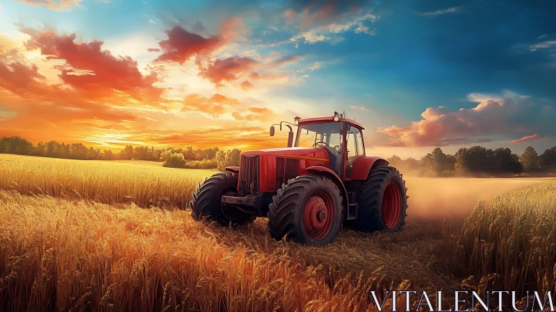 Red tractor crosses golden wheat field at blazing sunset.