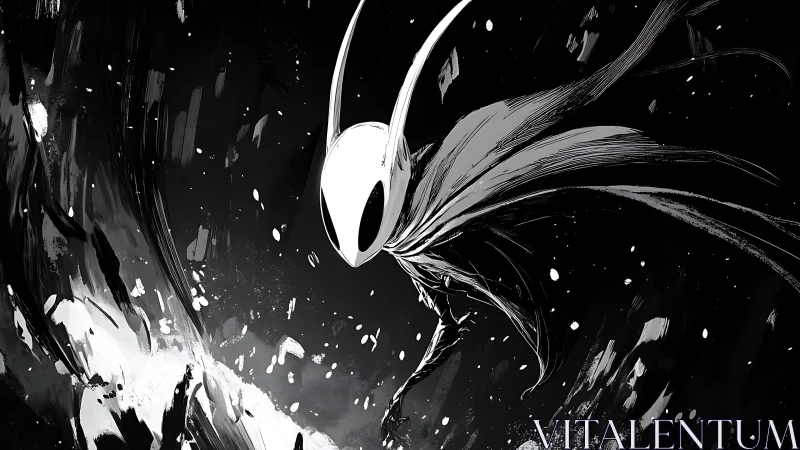 Masked insectoid warrior leaps through swirling darkness.