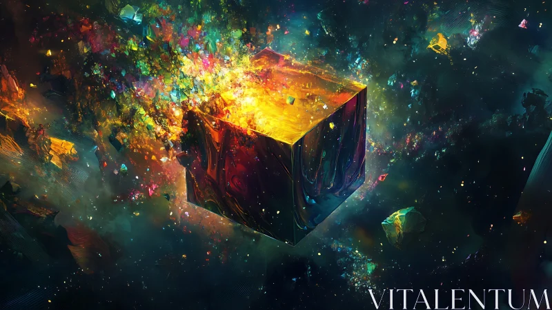 Luminous geometric cube in abstract cosmic environment scene.