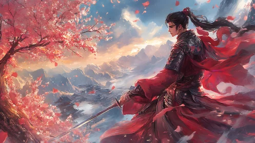 Crimson swordsman under cherry winds above mist kingdoms.
