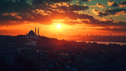 Dramatic Istanbul skyline under high-contrast sunset backlighting