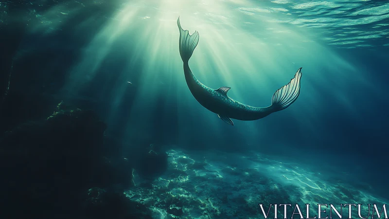 Mermaid tail glides upward where sunbeams comb the seafloor