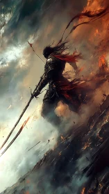 Lone dark warrior strides through firelit stormed battlefield