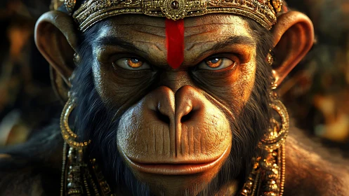 Regal monkey guardian with glowing eyes and golden crown.