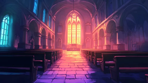 Gothic nave interior in luminous sunset gradient palette.