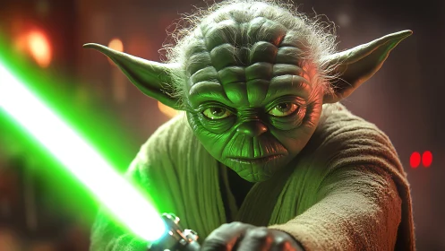 Jedi master in combat stance under cinematic neon glow