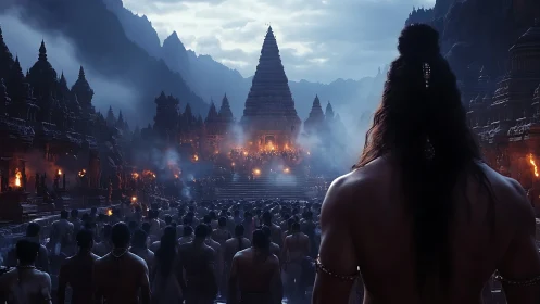 Mythic temple ceremony unfolds under misty mountain dusk