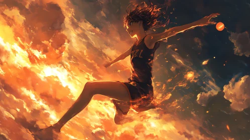 Skyward basketball player bursts through burning sunset clouds.