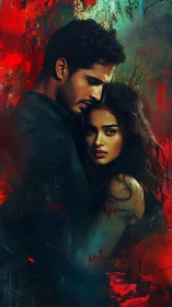 Two Figures in Red-Green Atmospheric Composition with Textured Chiaroscuro Rendering