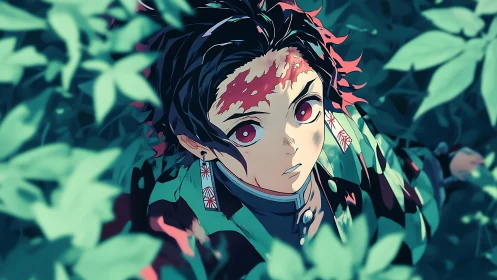 Hidden warrior’s crimson gaze framed by whispering leaves.