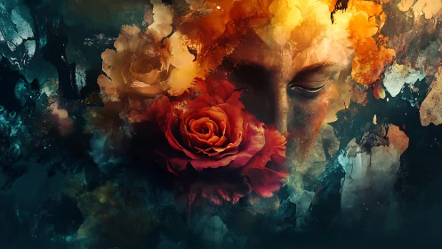 Surreal portrait merges molten rose and dissolving visage.