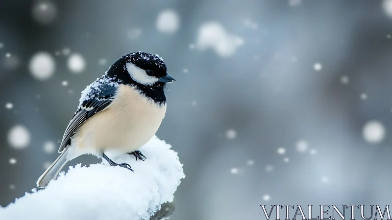 Small bird perched on snowy branch in wintertime, soft focus style.