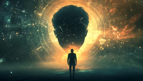Surreal cosmic silhouette portal with luminous head outline.