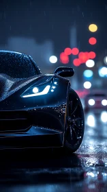 Sports car front end is illuminated by city street lights