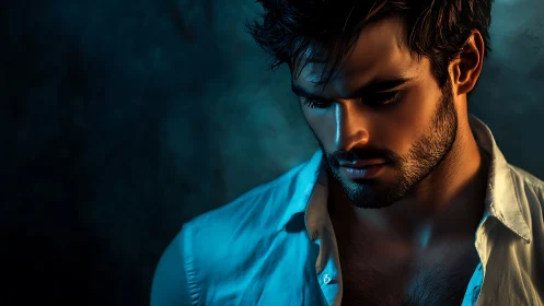Moody male portrait in dramatic teal and amber rim light.