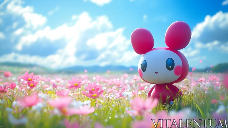 Red cartoon character in pink flower field under blue sky.