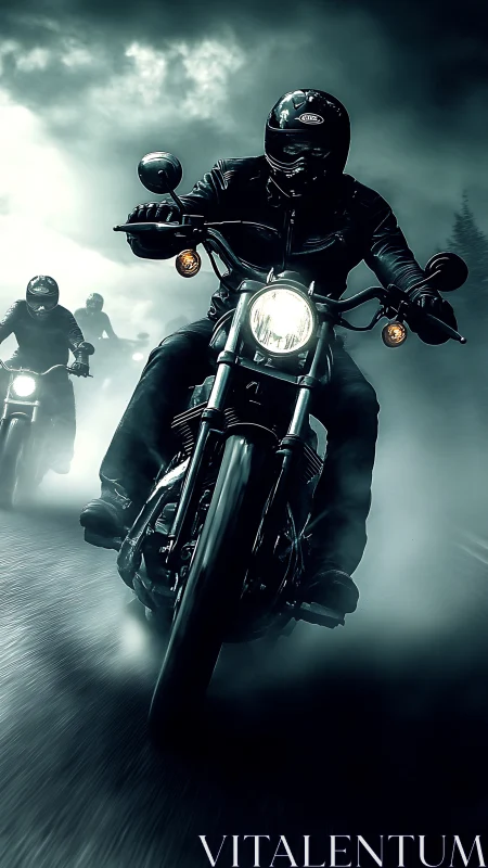 Motorcycle riders accelerate through fog with dynamic motion blur