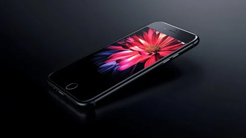 Sleek black smartphone with vivid flower wallpaper in modern style.
