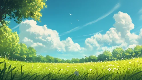 Digital painting of sunlit meadow under expansive cumulus sky.