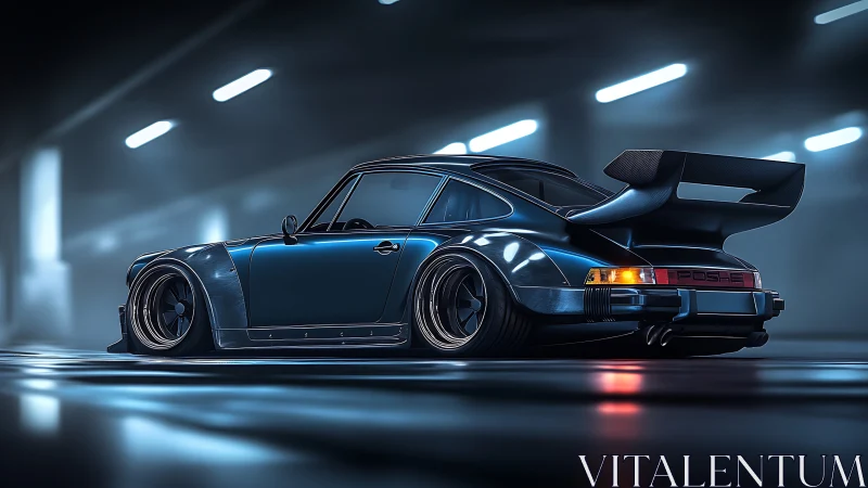 Widebody turbo coupe in low-key garage with cinematic rim lighting