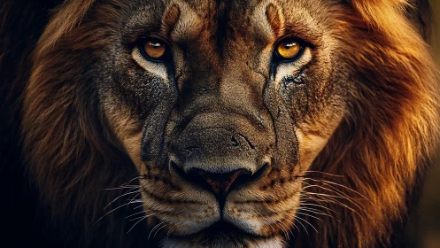 Lion&rsquo;s intense golden stare dominates the dramatic close-up.