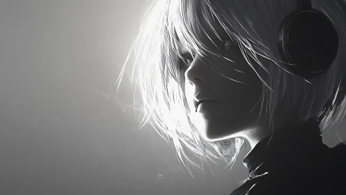 Soft glow around a quiet listener in monochrome light.