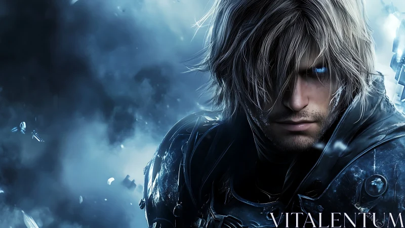 Brooding silver‑haired warrior stares ahead through icy haze