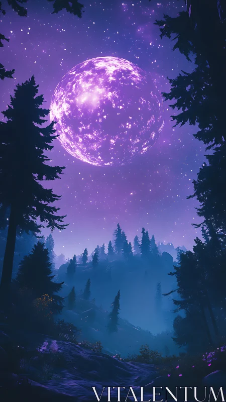 Glowing violet moon over misty evergreen forest valley.
