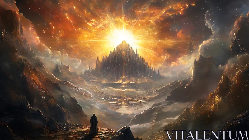 Radiant celestial citadel crowns vast misty valley