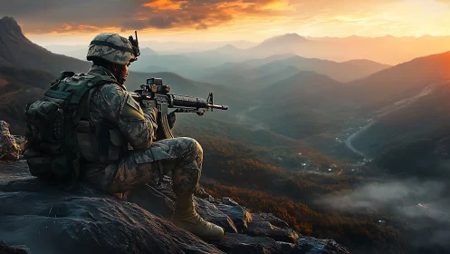 Armored infantry marksman overlooking misty mountain valley at dawn