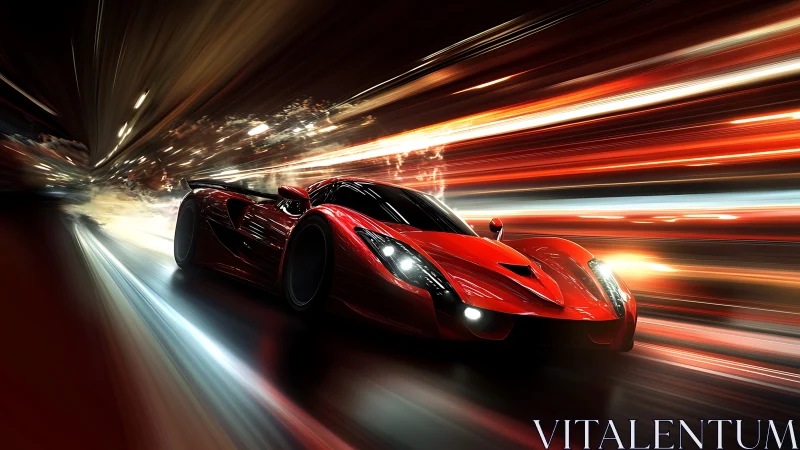 Scarlet supercar slices through neon night like liquid thunder