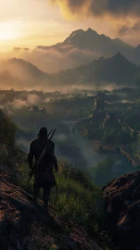 Lone warrior overlooks misty valley at sunrise from cliff