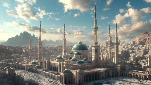 Expansive domed mosque complex with minarets in detailed 3D cityscape