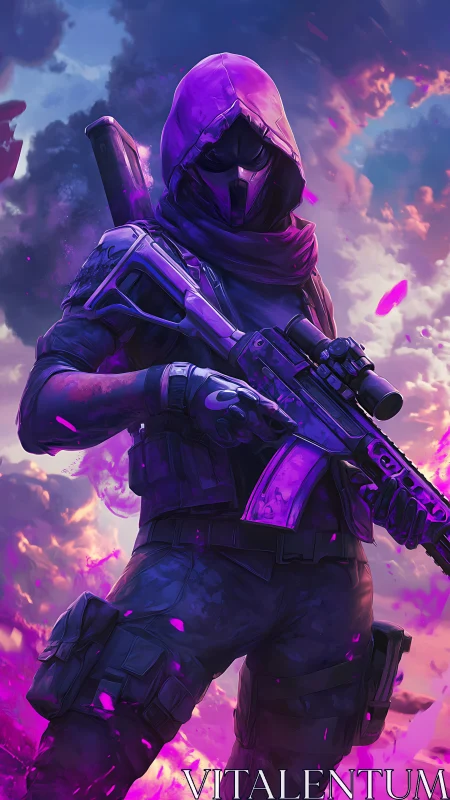 Hooded tactical figure with rifle in neon purple sky scene.