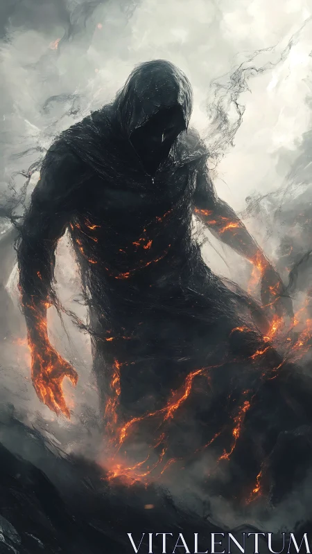 Hooded lava wraith strides through churning volcanic smoke