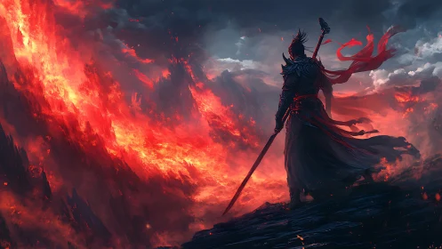 Armored warrior overlooks apocalyptic lava stormscape.