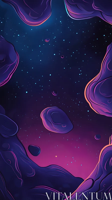 Rocky neon asteroid field curves around starry deep sky